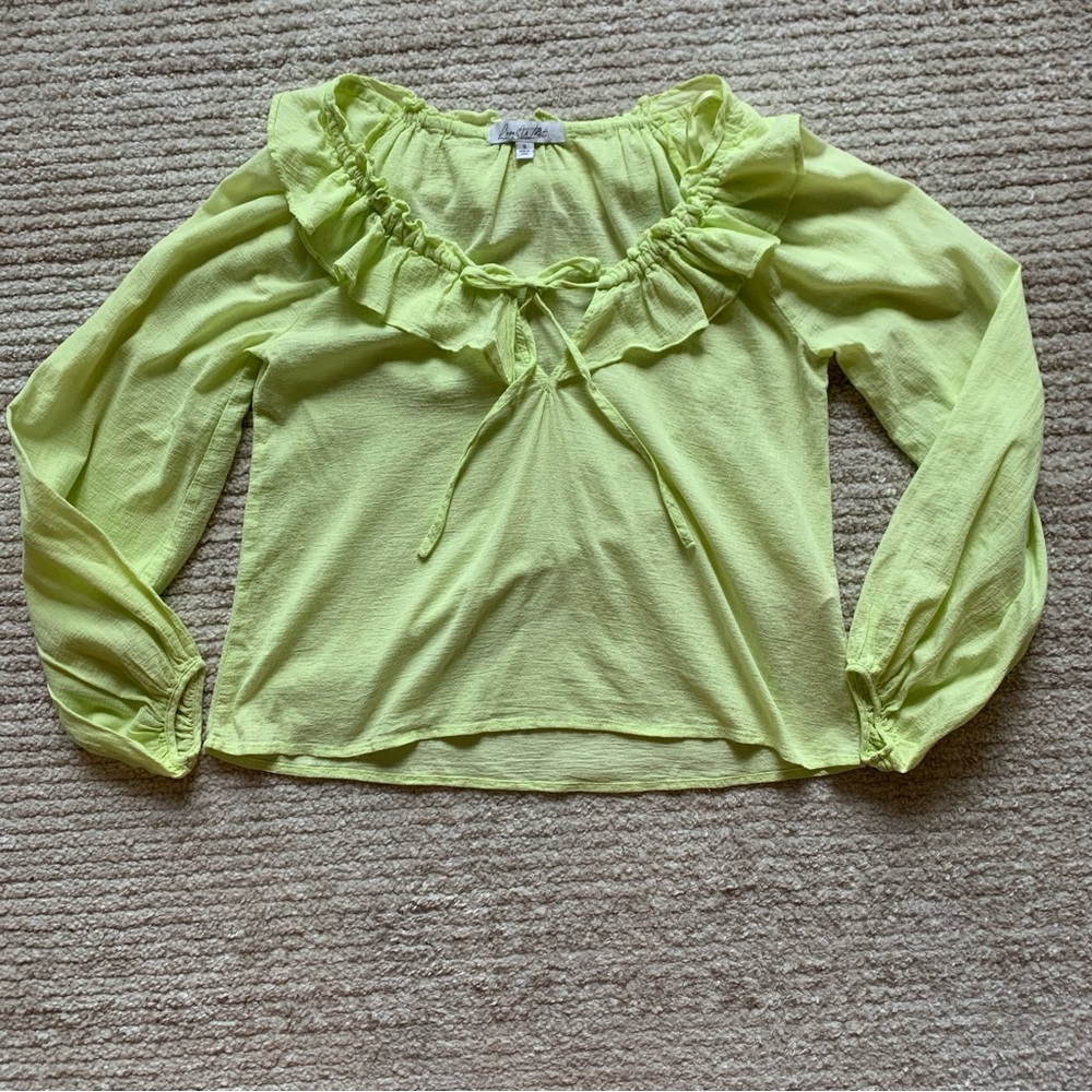 Love, Whit Long Sleeve Ruffle Blouse Neon Yellow Green 100% Cotton Size Small